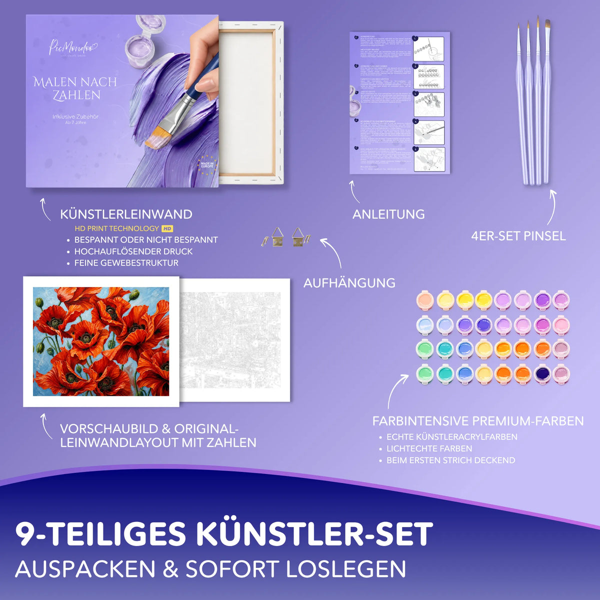 Malen nach Zahlen Set Tanz der roten Mohnblüten mit Leinwand, Acrylfarben, Pinseln und Anleitung für Erwachsene