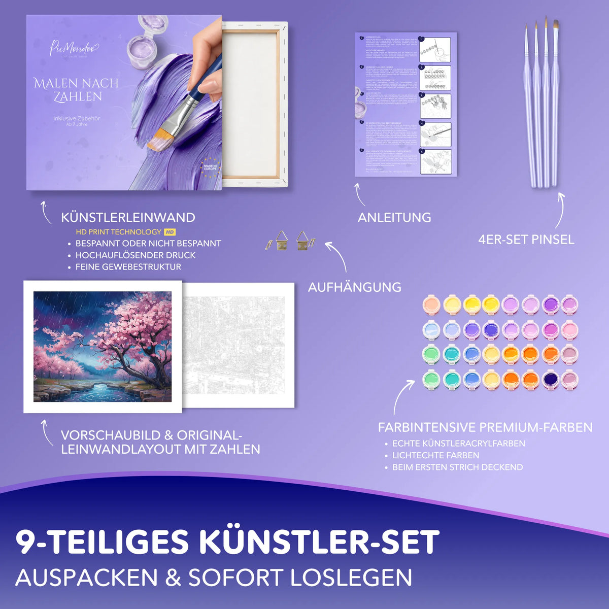 Picmondoo Malen nach Zahlen Set Blütenregen mit Leinwand, Acrylfarben, Pinseln und Anleitung für Erwachsene