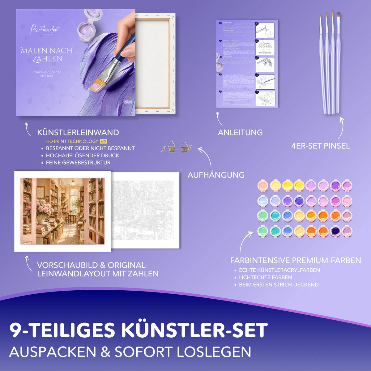 Picmondoo Malen nach Zahlen Set Zwischen tausend Geschichten mit Leinwand, Acrylfarben und Pinsel für Erwachsene