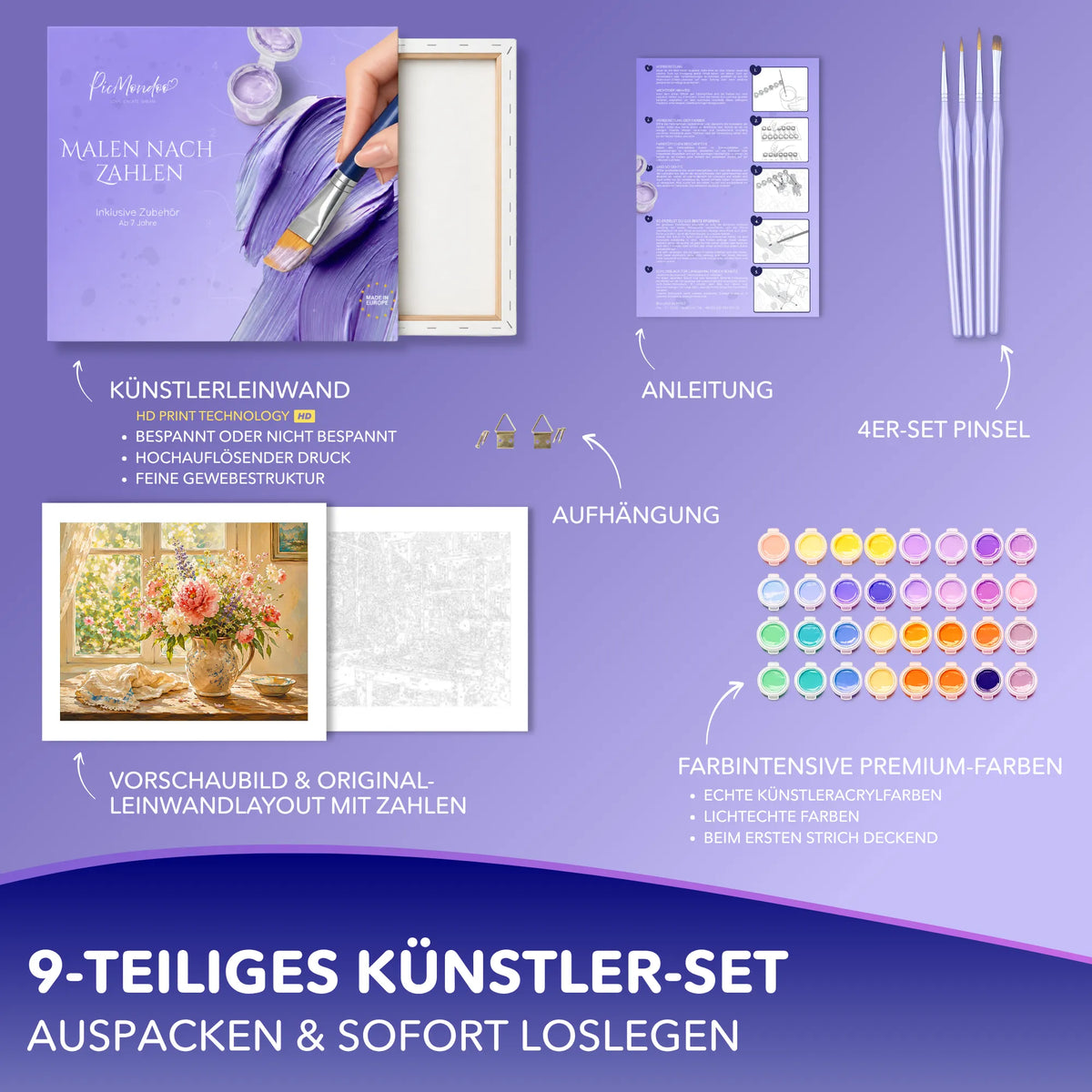 Malen nach Zahlen Set Im Licht des Morgens mit Blumenstrauß, Acrylfarben, Pinsel und Leinwand von Picmondoo