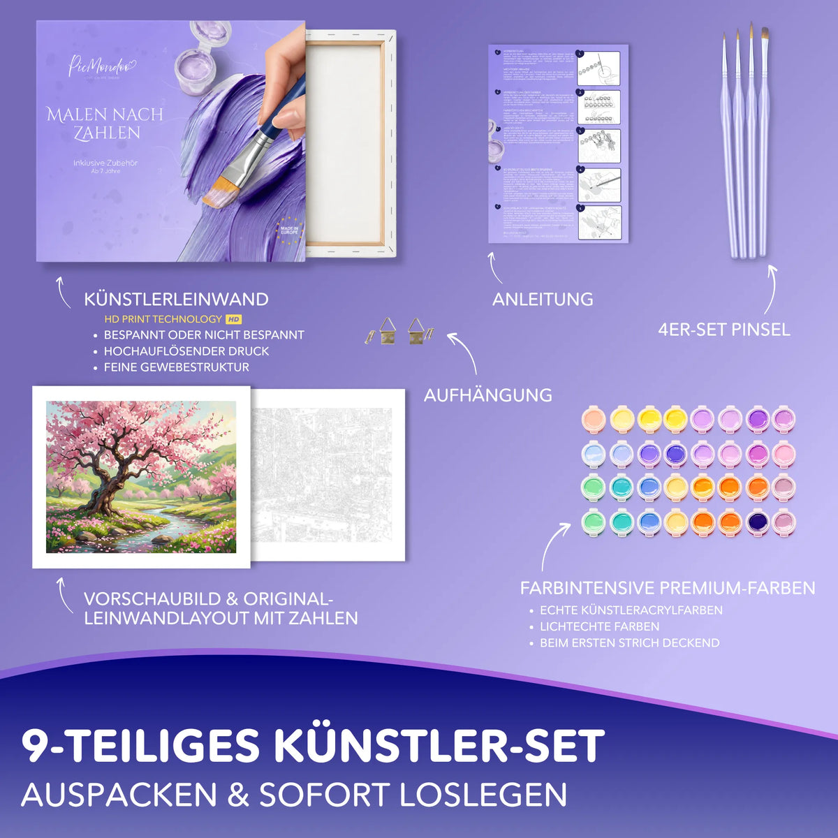 Malen nach Zahlen Set Frühlingserwachen mit Kirschbaum-Motiv, Acrylfarben, Pinseln und bedruckter Künstler-Leinwand