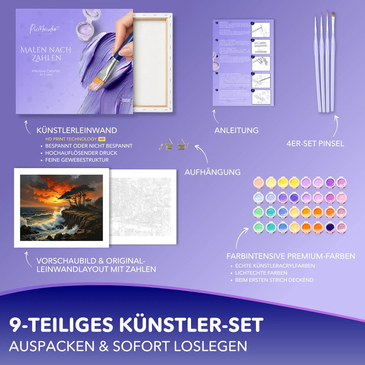 Picmondoo Malen nach Zahlen Set Flammender Horizont mit Acrylfarben, Pinsel, Leinwand und Anleitung für Erwachsene