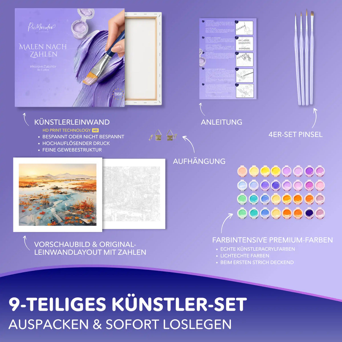 Picmondoo Malen nach Zahlen Set Herbstlicht im Frost: Komplett-Set mit Leinwand, Acrylfarben, Pinseln und Anleitung