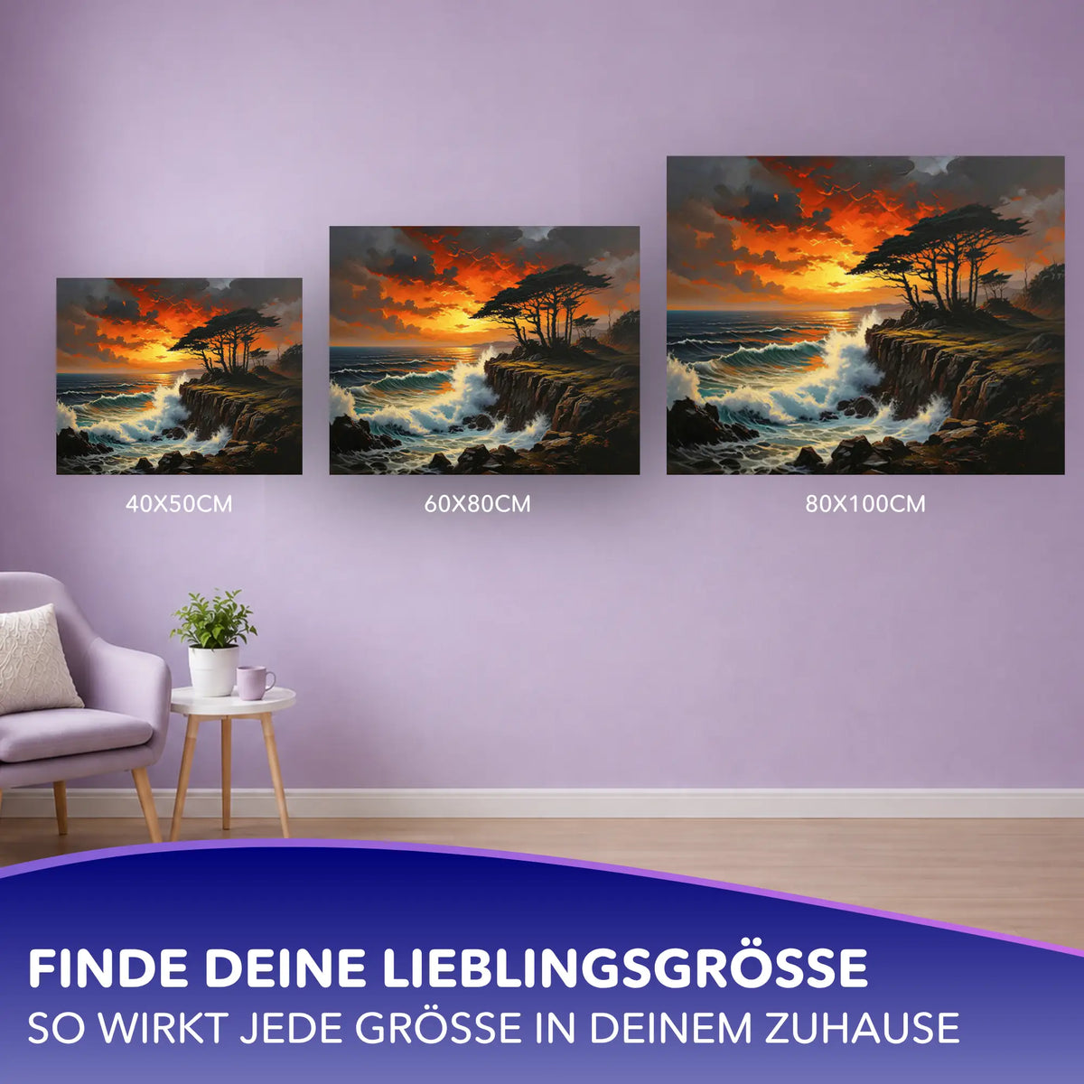 Malen nach Zahlen für Erwachsene: Motiv Flammender Horizont mit stürmischer Küste in verschiedenen Formaten an der Wand.