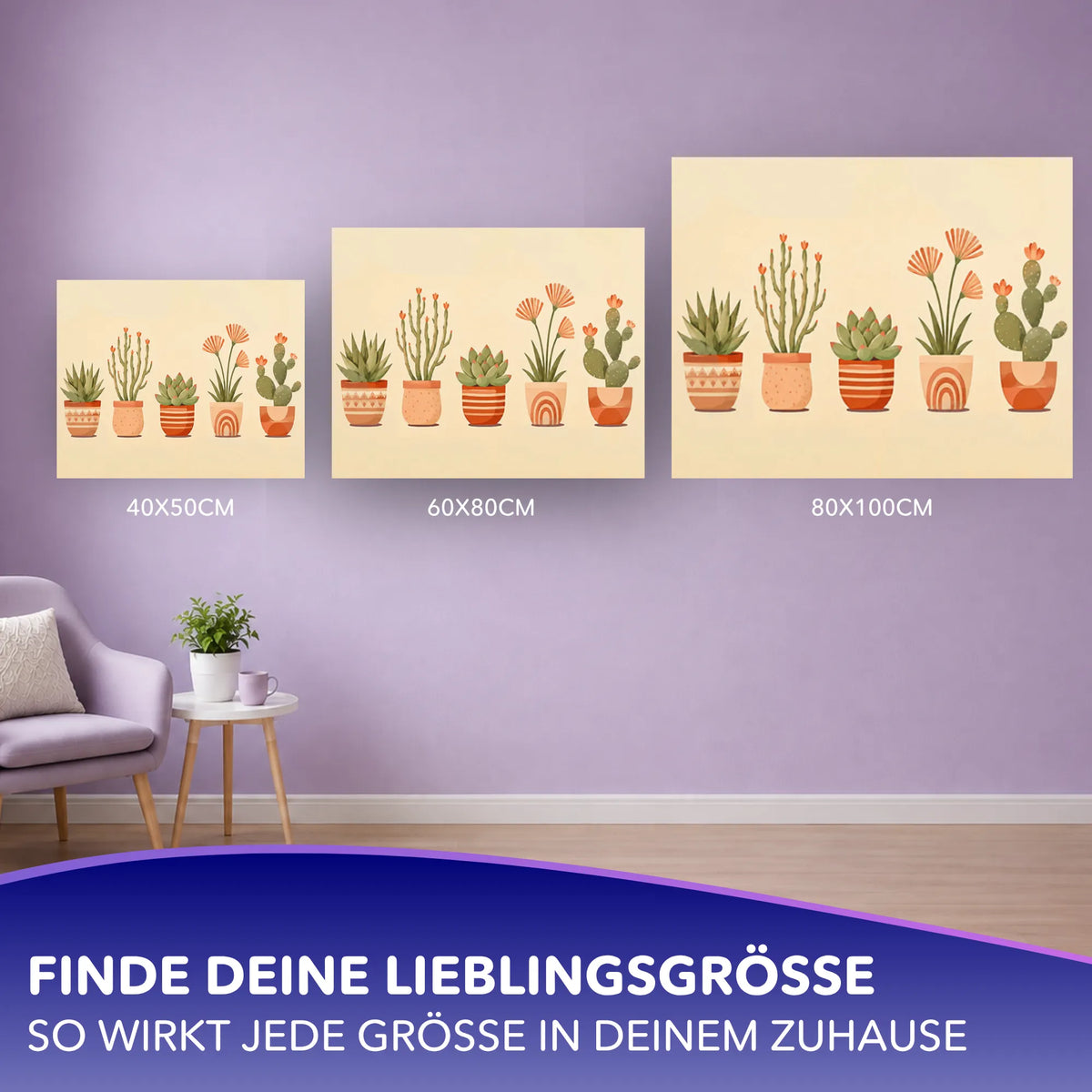 Malen nach Zahlen für Erwachsene: Kleine Wüstenfreunde Kakteen-Motiv in verschiedenen Größen als Wanddekoration.