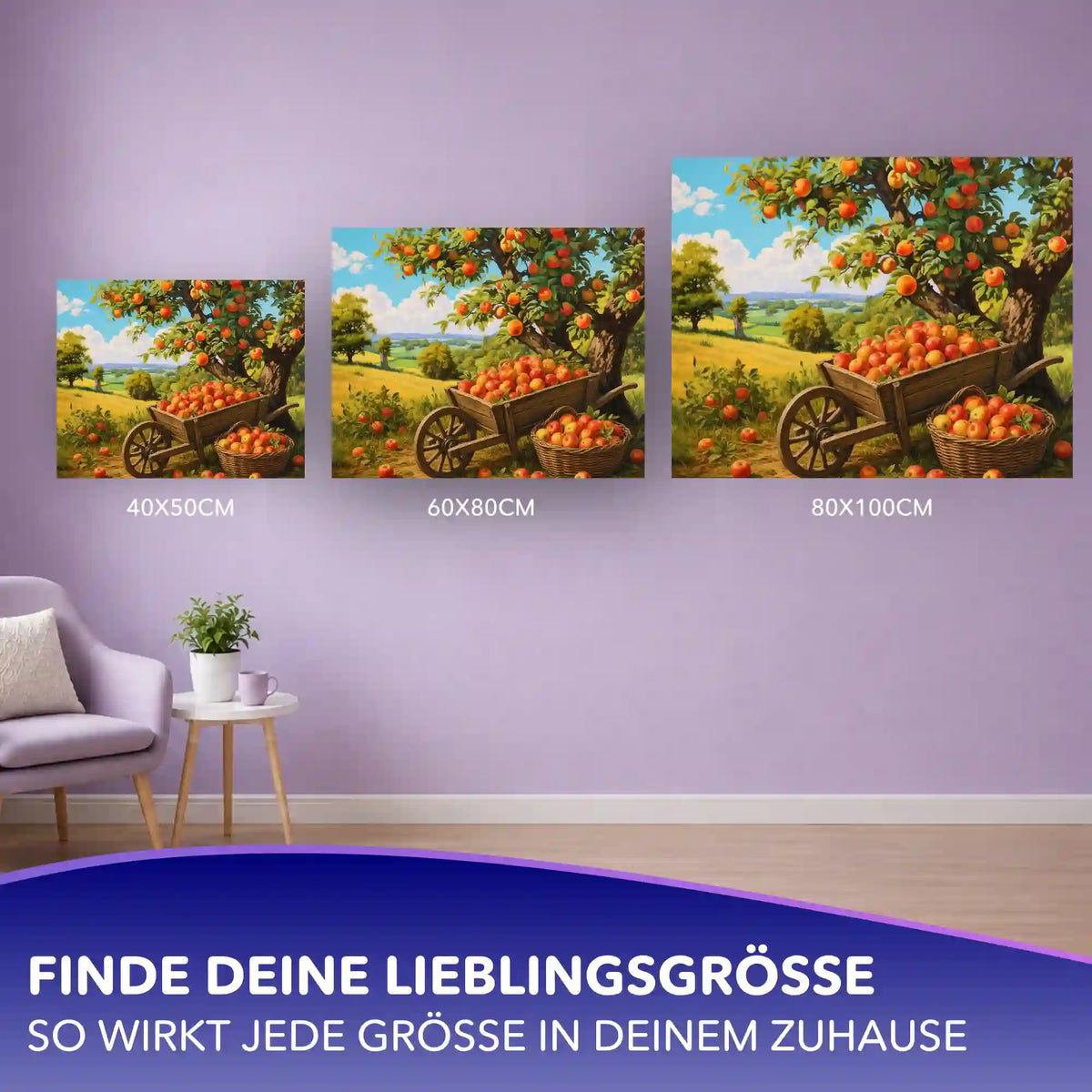 Malen nach Zahlen Erwachsene: Ernte im Sonnenlicht – Motiv mit Apfelbaum im Größenvergleich an der Wand