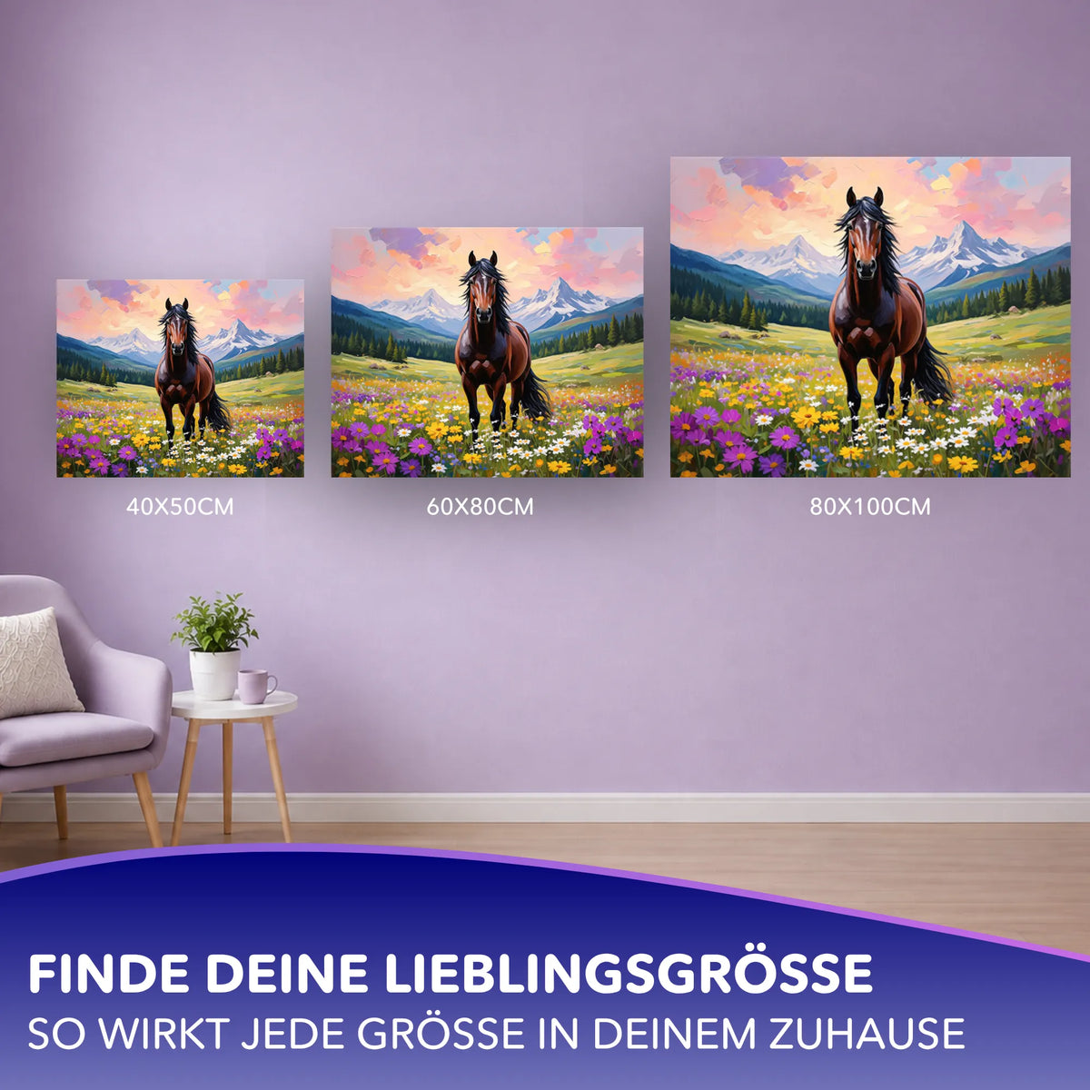 Drei Malen nach Zahlen Sets Wilde Seele mit Pferdemotiv in verschiedenen Größen als Wanddekoration in einem Wohnzimmer
