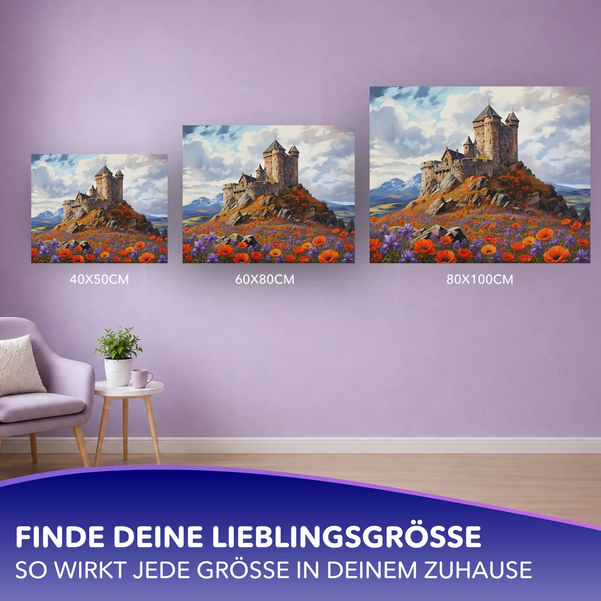 Malen nach Zahlen für Erwachsene: Burg im Blütenmeer Motiv in drei verschiedenen Leinwand-Größen an einer Wand.
