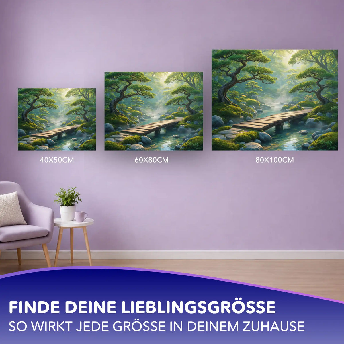 Malen nach Zahlen für Erwachsene: Grüne Harmonie Motiv mit Holzbrücke und Garten in drei verschiedenen Leinwandgrößen