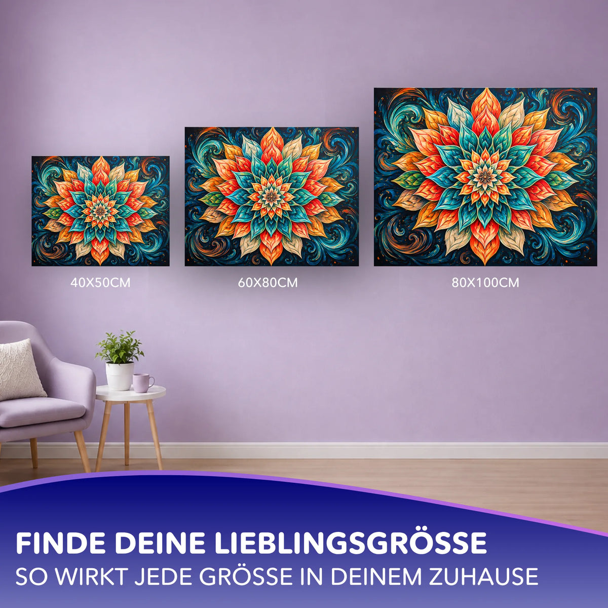 Malen nach Zahlen für Erwachsene: Farben des Lichts Blumen-Mandala in drei Leinwandgrößen zur Wanddekoration