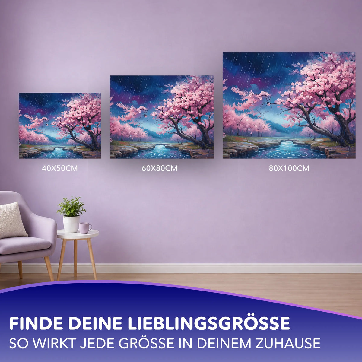 Malen nach Zahlen für Erwachsene Motiv Blütenregen: Kirschbaum bei Nacht an einem Bach in drei verschiedenen Größen.