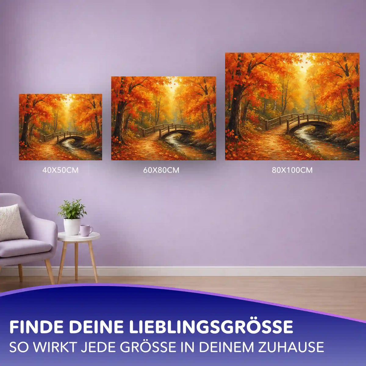 Malen nach Zahlen Erwachsene: Brücke im Laubwald Größenvergleich mit 40x50, 60x80 und 80x100 cm an der Wand