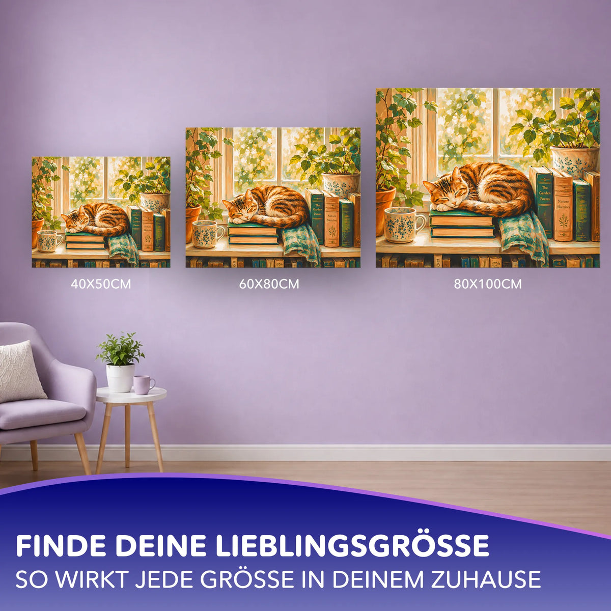 Malen nach Zahlen für Erwachsene: Katze auf Büchern als kunstvolles Set in drei verschiedenen Formaten an der Wand