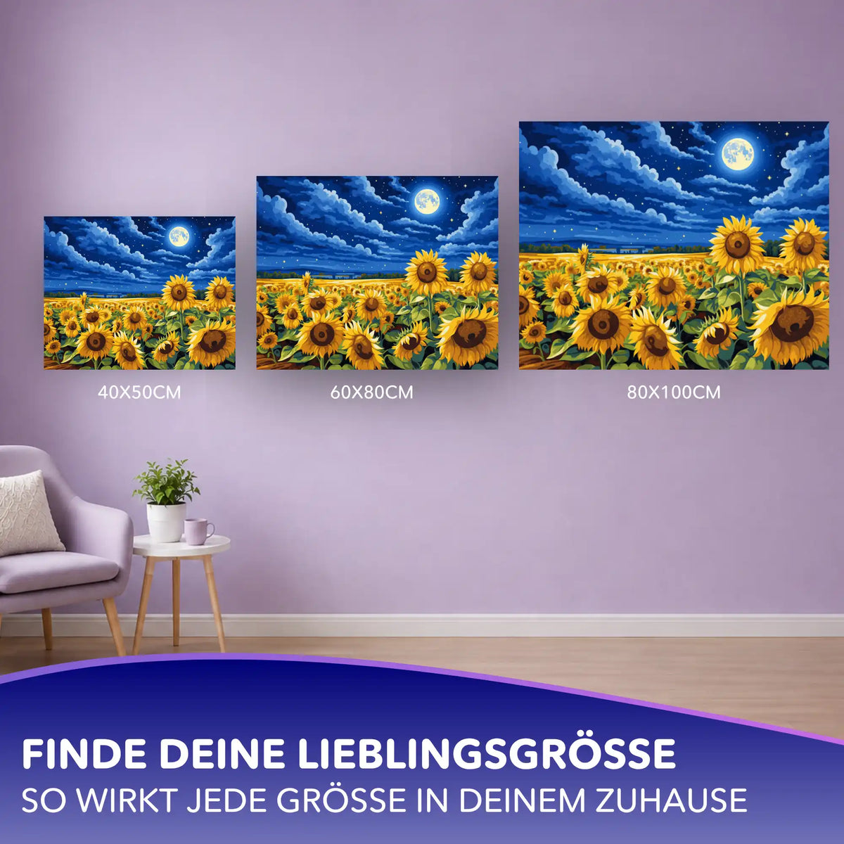 Malen nach Zahlen Goldene Sommernacht als Wandbild in verschiedenen Größen mit Sonnenblumenfeld unter blauem Vollmond.