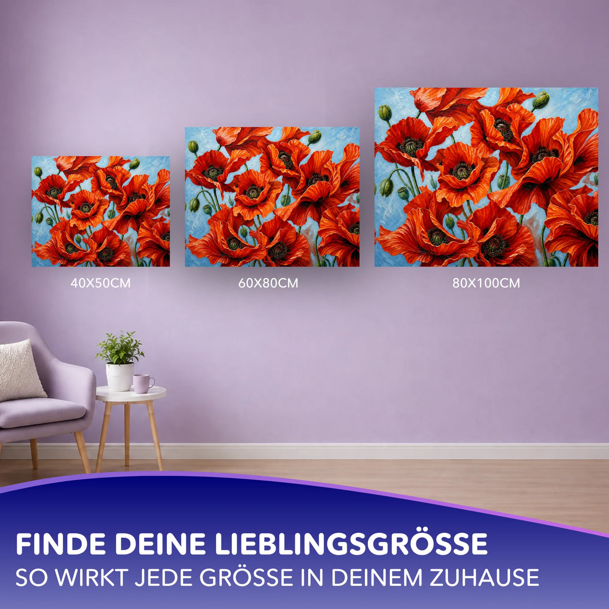 Malen nach Zahlen für Erwachsene: Mohnblumen-Motiv in drei Größen zur Wanddekoration für ein schönes Zuhause.