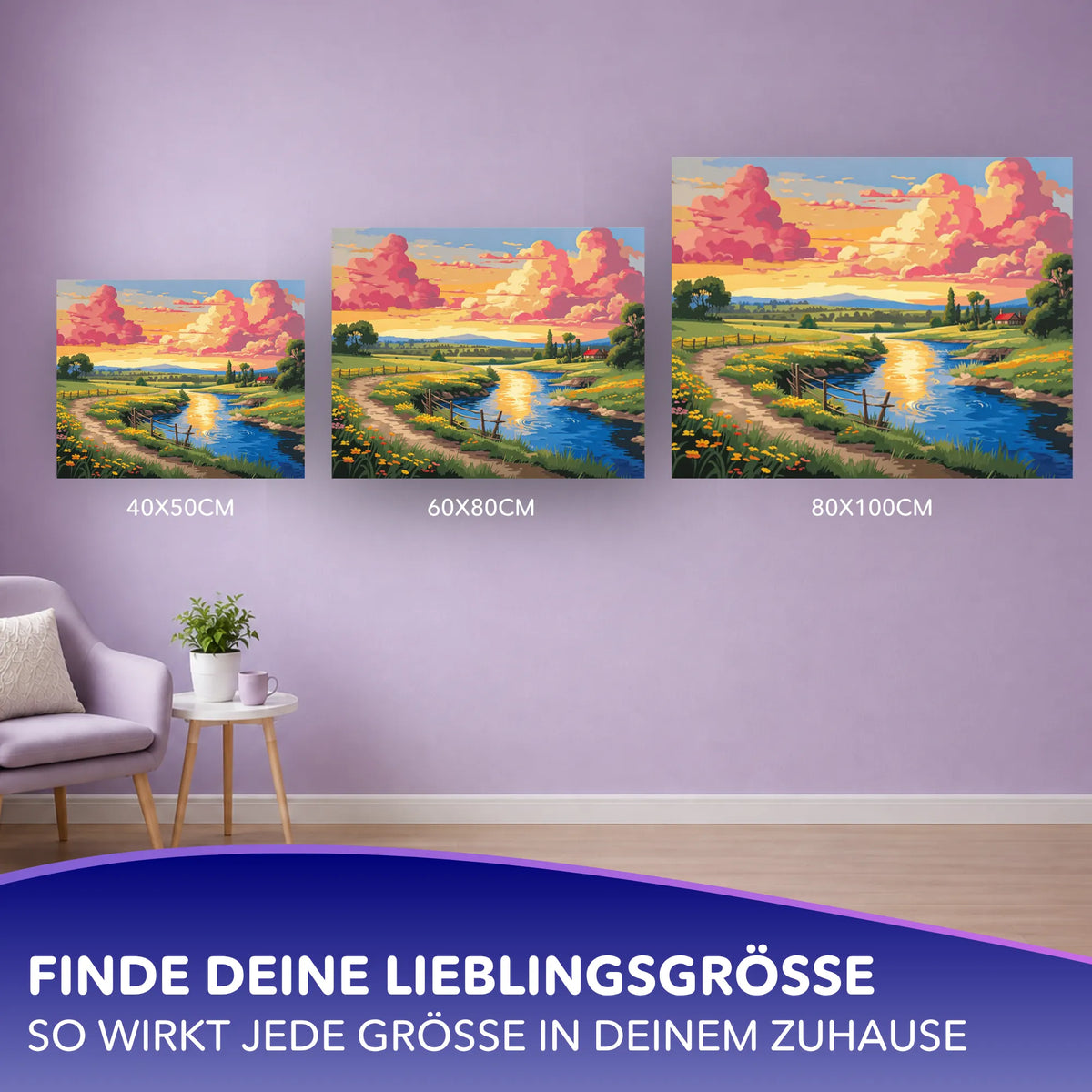 Malen nach Zahlen für Erwachsene Motiv Am Fluss entlang in verschiedenen Größen an einer Wohnzimmerwand präsentiert.