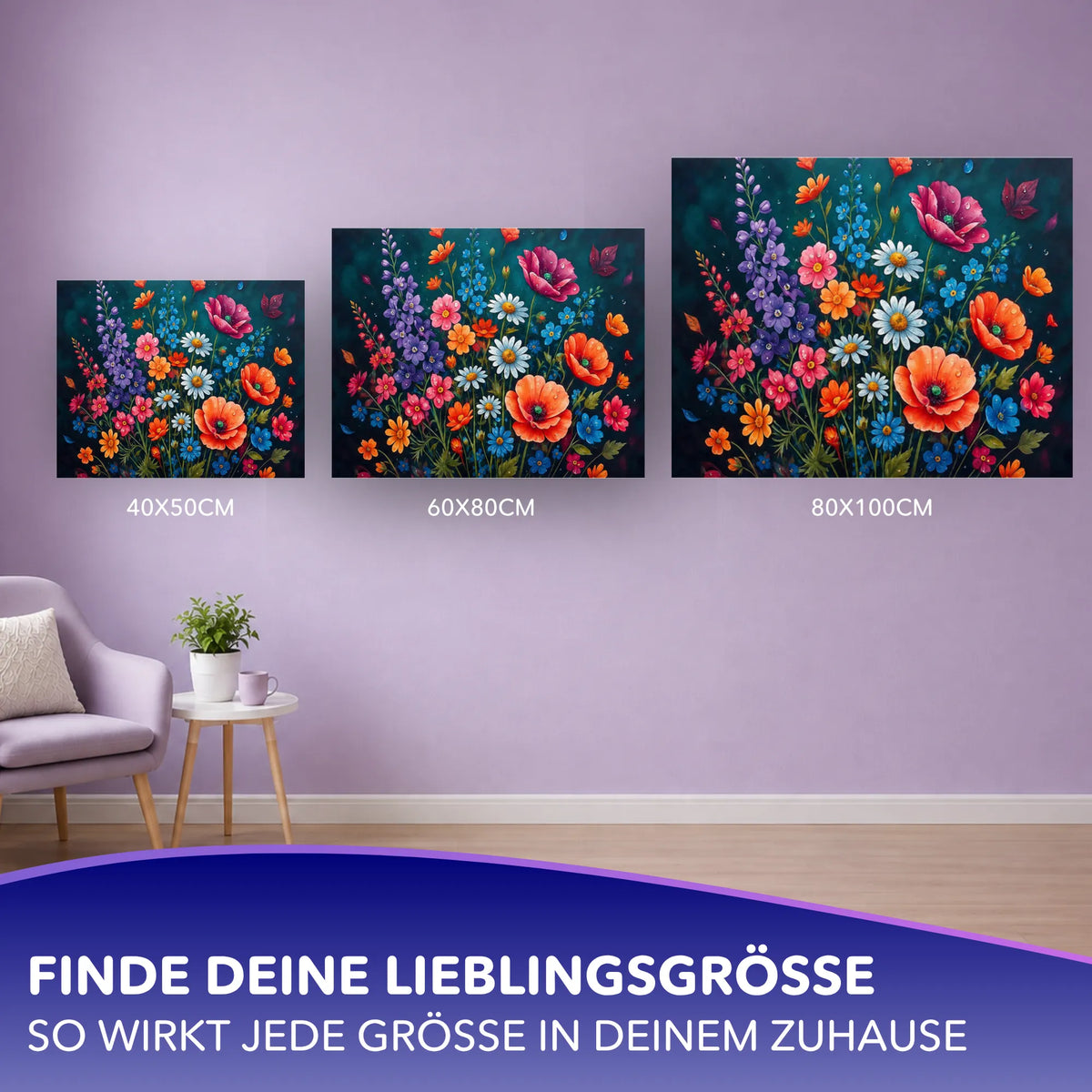 Malen nach Zahlen für Erwachsene Motiv Blütenfeuer in drei Größen an der Wand zur Veranschaulichung der Raumwirkung