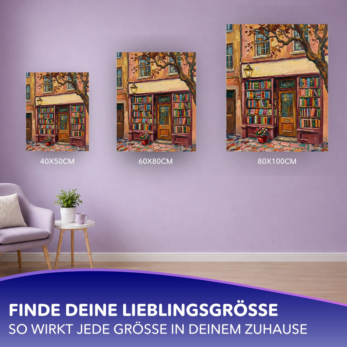 Malen nach Zahlen für Erwachsene: Drei Leinwandgrößen des Motivs Wo Geschichten wohnen mit herbstlichem Buchladen.