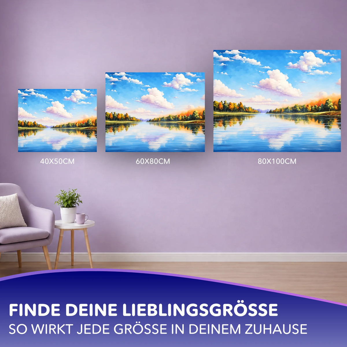 Malen nach Zahlen Set Himmelweit Flusslandschaft in verschiedenen Größen an einer Wand präsentiert