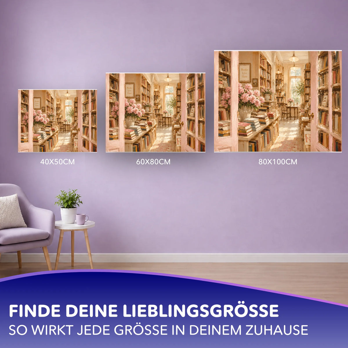 Malen nach Zahlen für Erwachsene Motiv Bibliotheksflur in drei verschiedenen Größen als Wanddekoration präsentiert