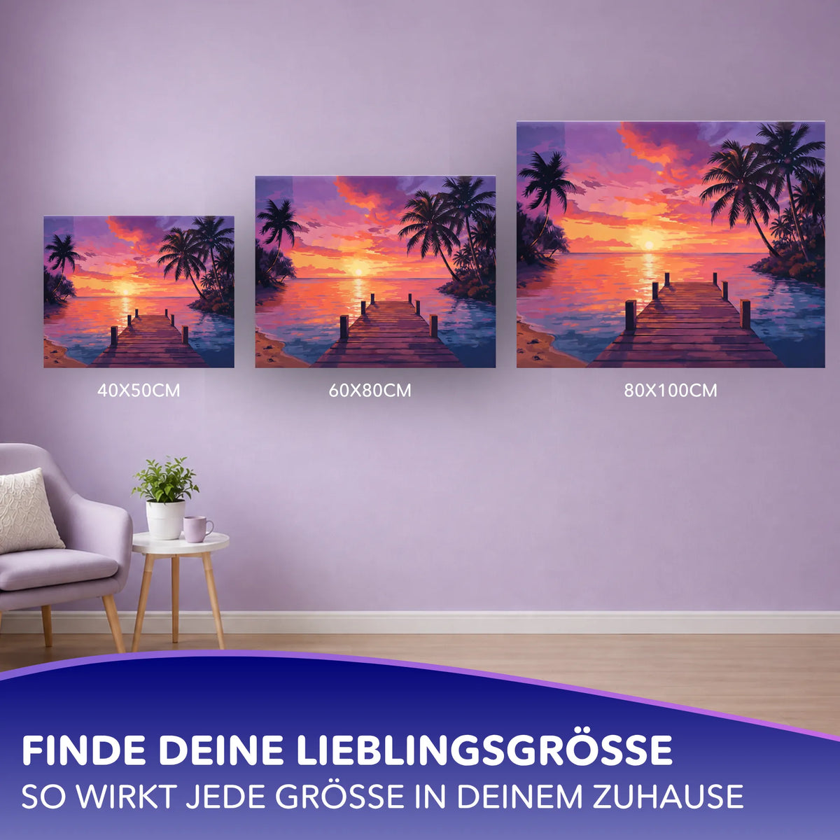 Malen nach Zahlen Set Motiv Ins Abendrot mit Steg und Sonnenuntergang in verschiedenen Leinwandgrößen für Erwachsene