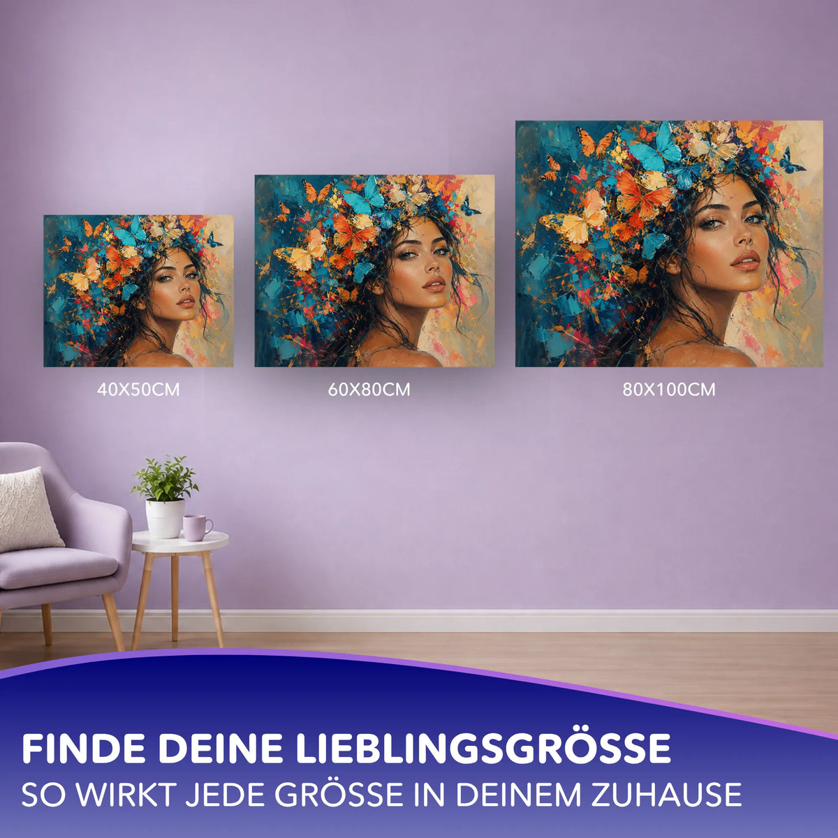 Malen nach Zahlen für Erwachsene Motiv Metamorphose Frau mit Schmetterlingen in verschiedenen Größen an einer Wand