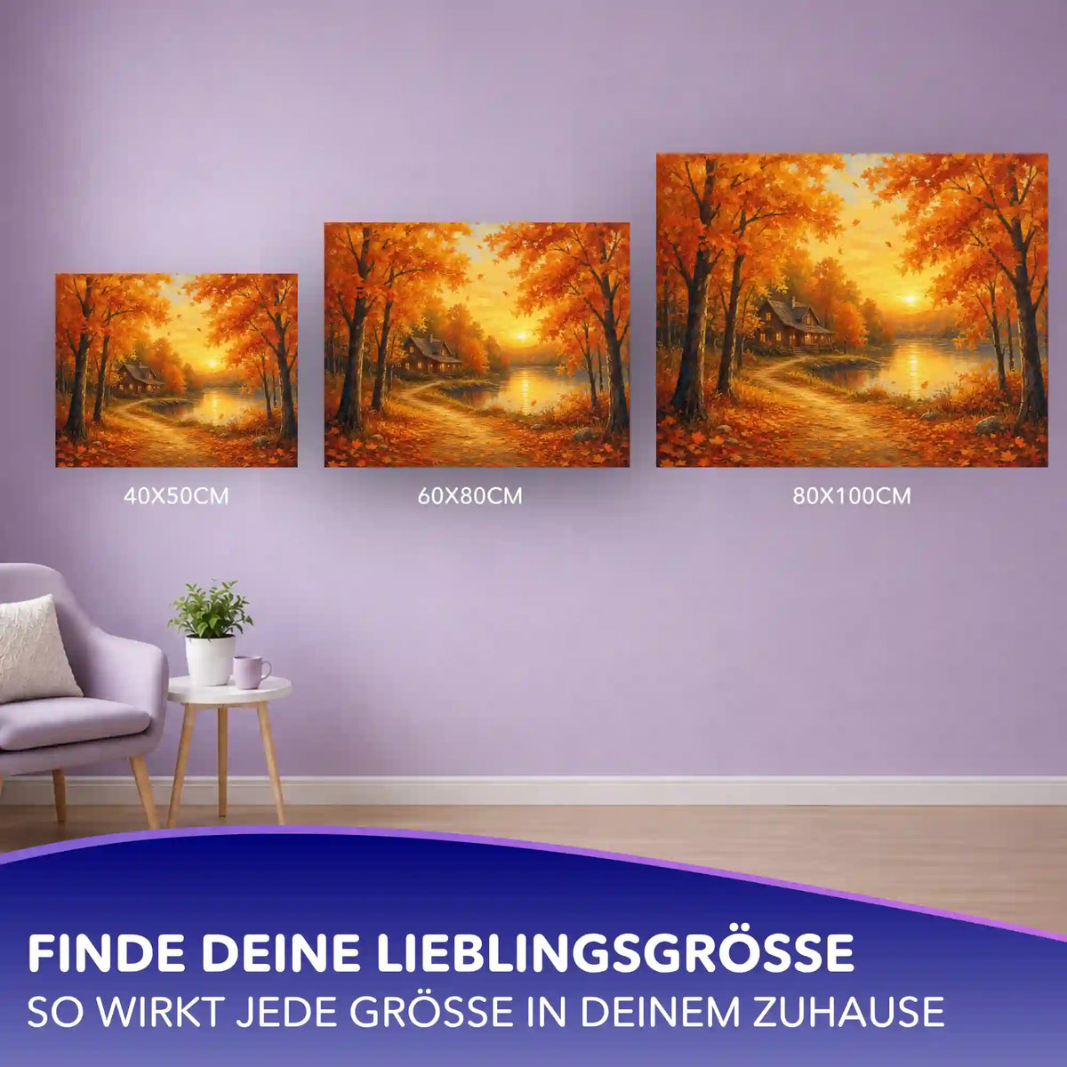 Malen nach Zahlen Erwachsene Goldener Herbstabend: Größenvergleich der Formate 40x50, 60x80 und 80x100 cm