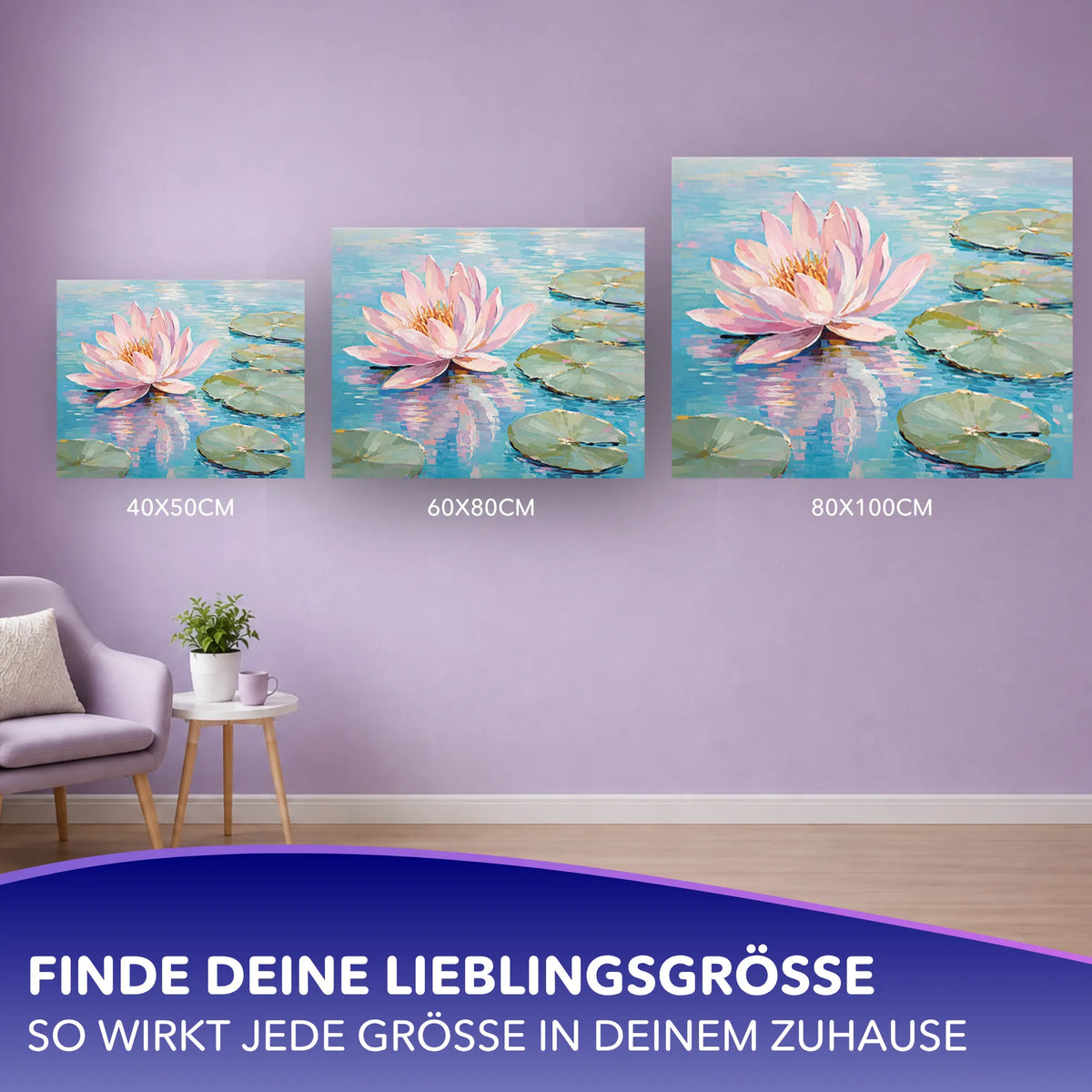 Malen nach Zahlen für Erwachsene Motiv Sanft erblüht mit rosa Seerosen auf türkisfarbenem Wasser in drei verschiedenen Größen