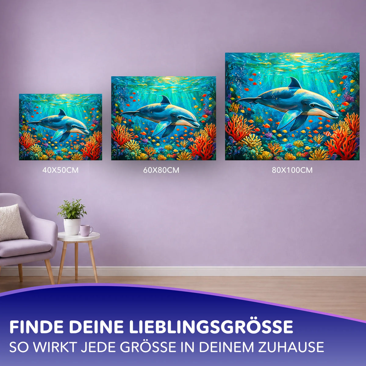 Malen nach Zahlen für Erwachsene: Lächeln des Meeres Delfin-Motiv in drei verschiedenen Wandgrößen zur Auswahl