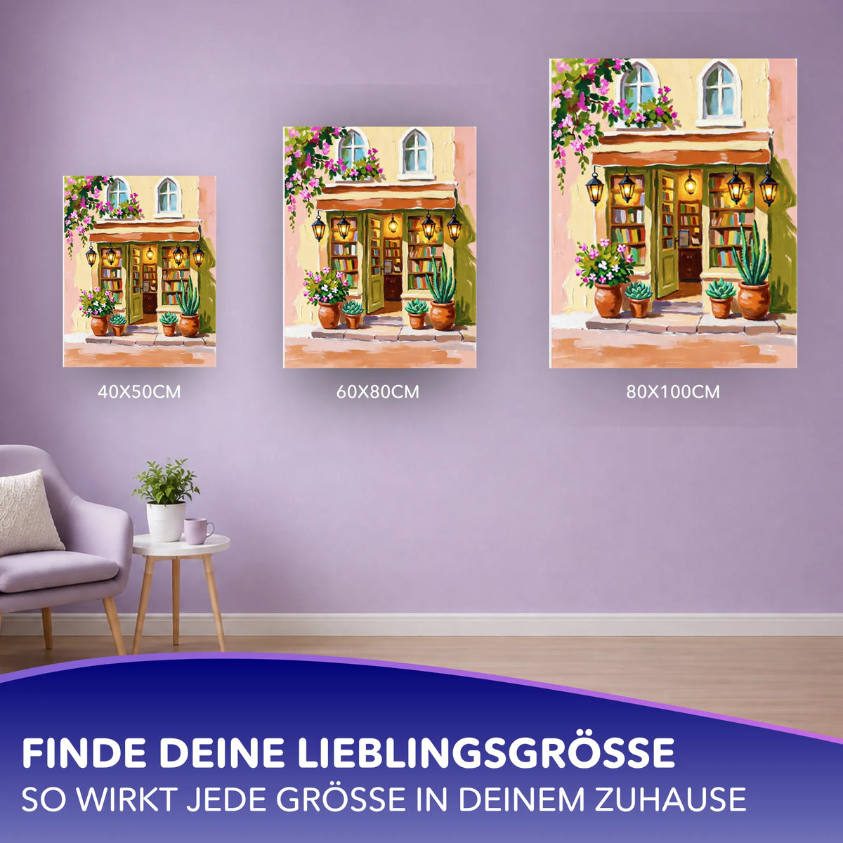 Malen nach Zahlen für Erwachsene Motiv Die Tür zur Fantasie in drei verschiedenen Größen als Wanddekoration präsentiert.
