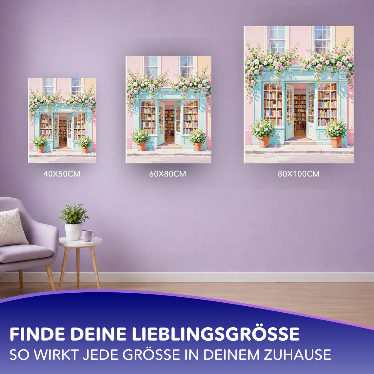 Malen nach Zahlen für Erwachsene Motiv Buchladen mit Blumen in drei verschiedenen Leinwandgrößen zur Wanddekoration
