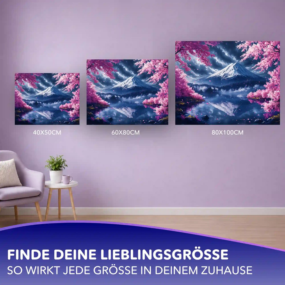 Malen nach Zahlen Erwachsene Kirschblüten am Fuji: Größenvergleich 40x50, 60x80 und 80x100 cm