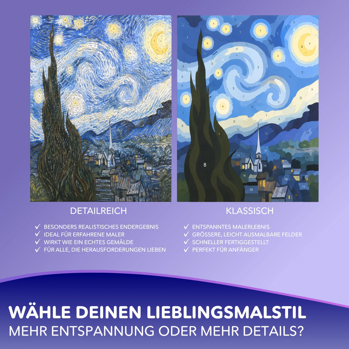 Malen nach Zahlen für Erwachsene: Vergleich von detailreichem und klassischem Design am Beispiel Sternennacht-Motiv.