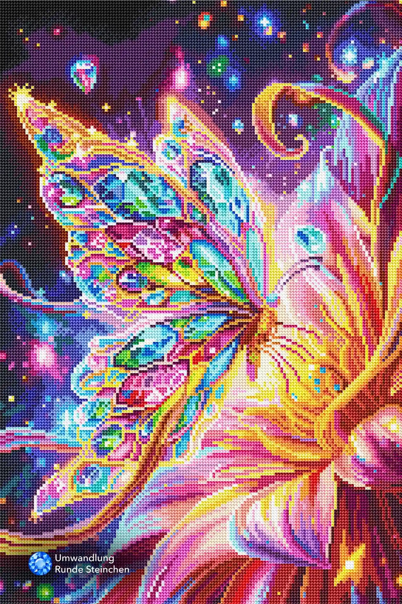 Diamond Painting Set mit buntem Schmetterling und leuchtender Fantasieblume in Galaxie-Optik mit funkelnden Kristallen