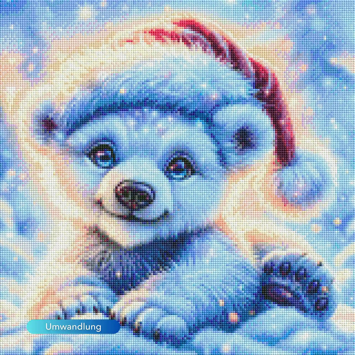 Diamond Painting Set Kleiner Schneefunkel: Süßer Eisbär mit Weihnachtsmütze im Schnee als winterliches Kunstwerk.