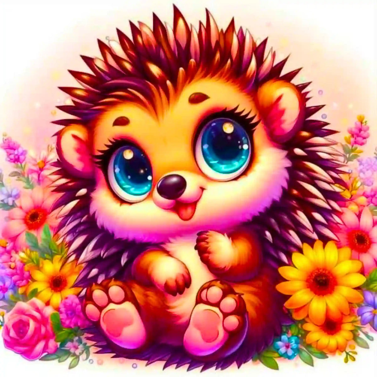 Niedliches Diamond Painting Set Igel Hermine im bunten Blumenmeer mit großen blauen Augen für kreatives Basteln