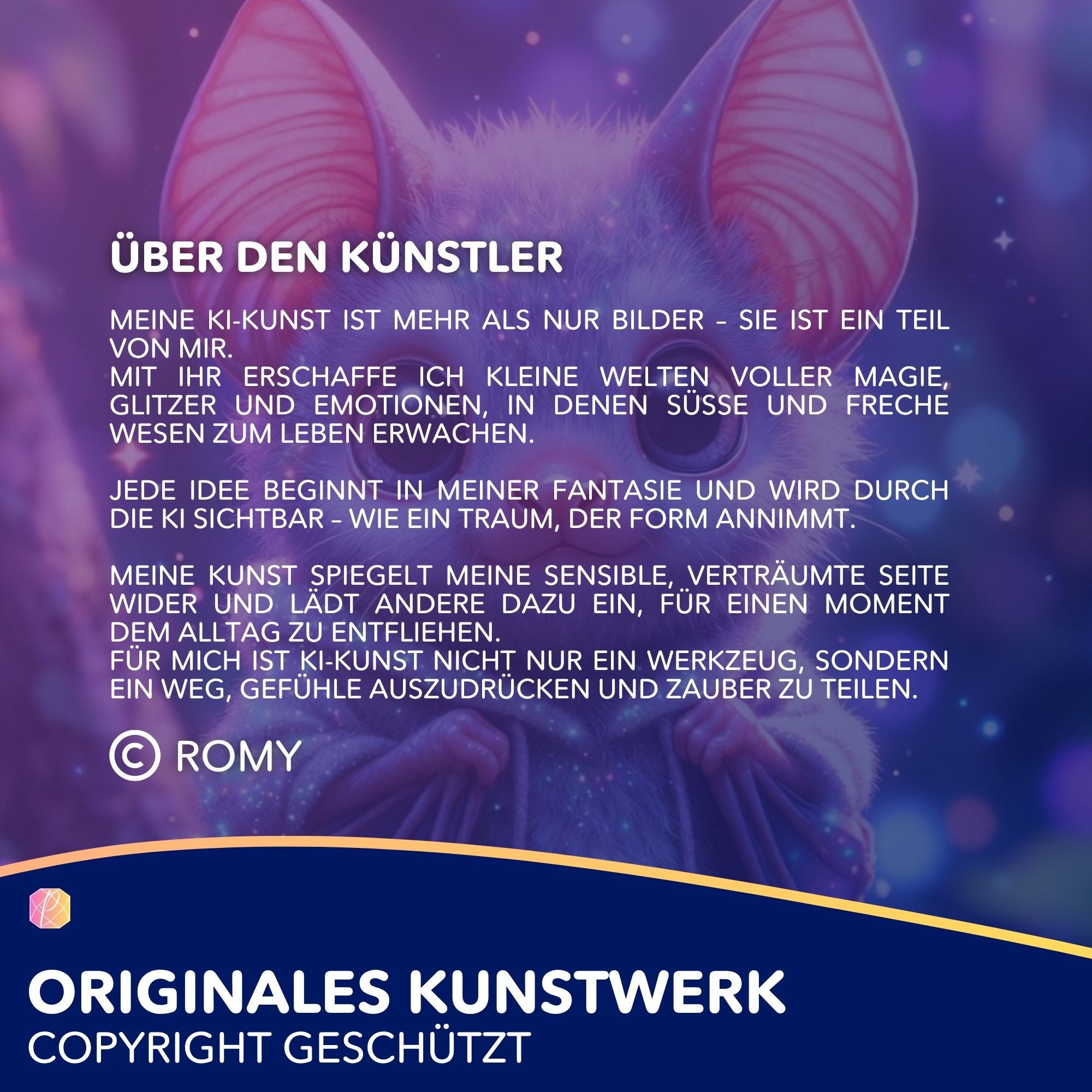 Künstler-Infografik von Romy zum Diamond Painting Set, präsentiert magisches KI-Kunstwerk eines Fantasy-Wesens