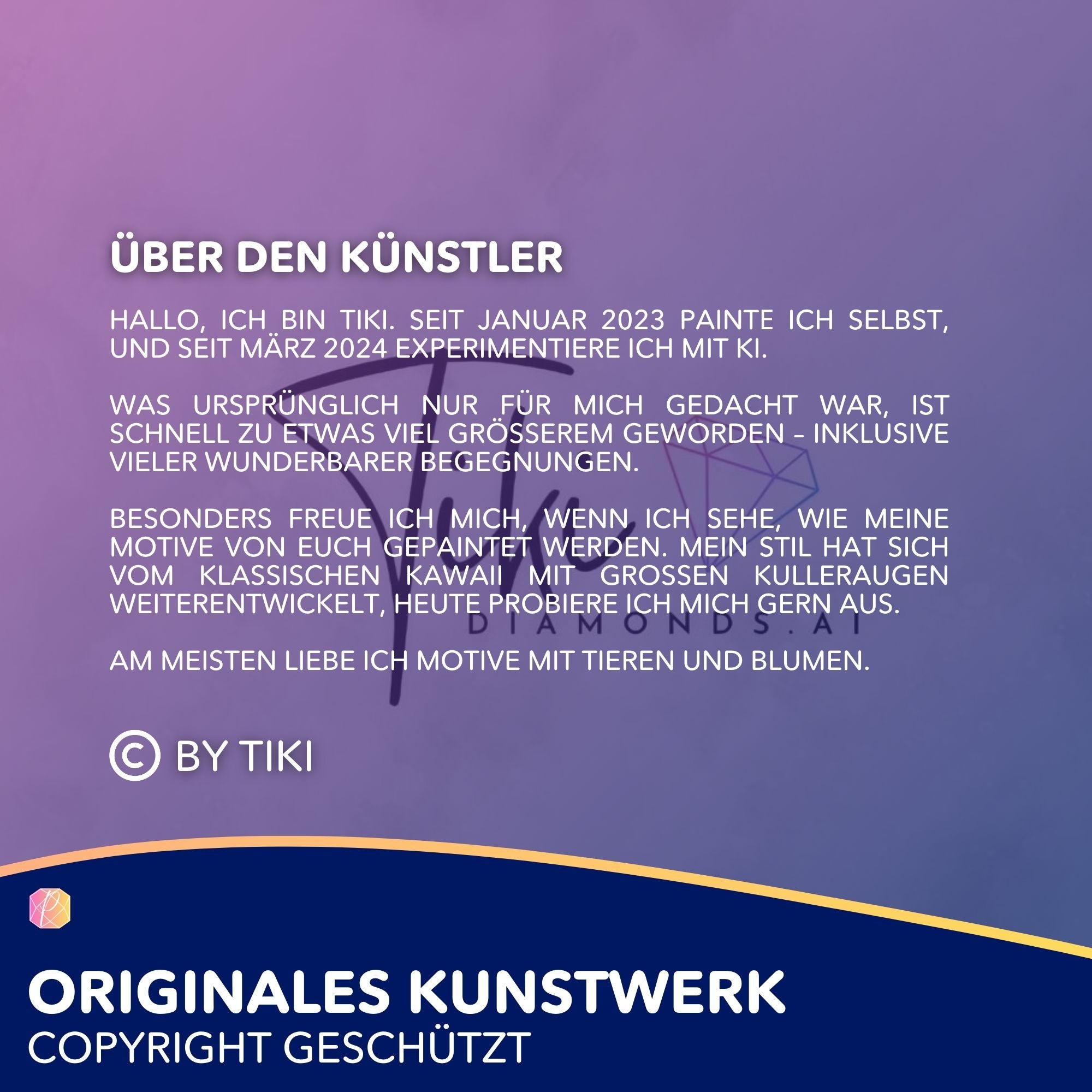 Künstler-Info zu Diamond Painting Motiven mit Kawaii-Stil und großen Augen von Künstlerin Tiki für Diamond Painting Sets.