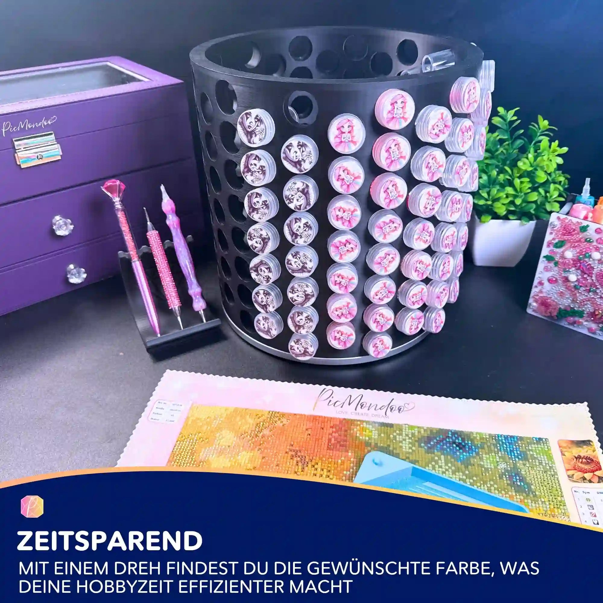 3D Magic Dosenrondell als Diamond Painting Organizer zur Aufbewahrung von 180 Farbdosen auf dem Basteltisch