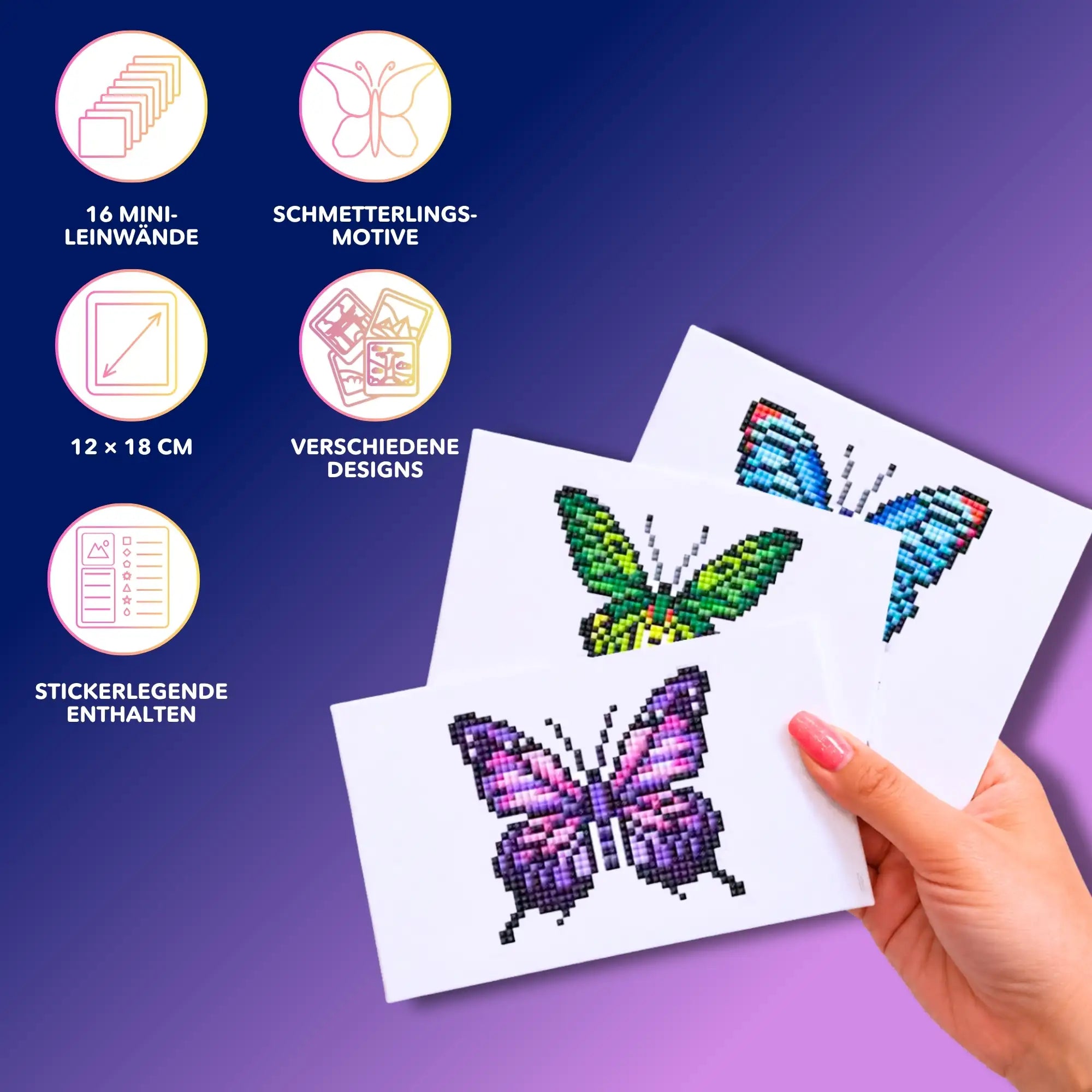 Mini Diamond Painting Set mit 16 bunten Schmetterling Motiven auf 12x18 cm Leinwänden für kreativen Bastelspaß.