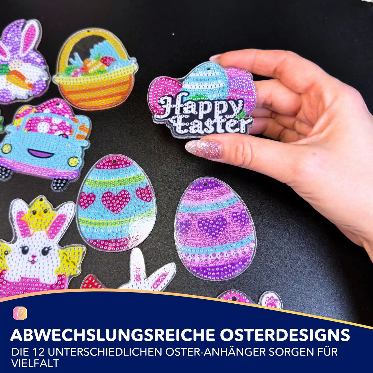 Diamond Painting Oster-Anhänger Set mit bunten Motiven wie Ostereier und Hasen als kreative DIY-Osterdeko