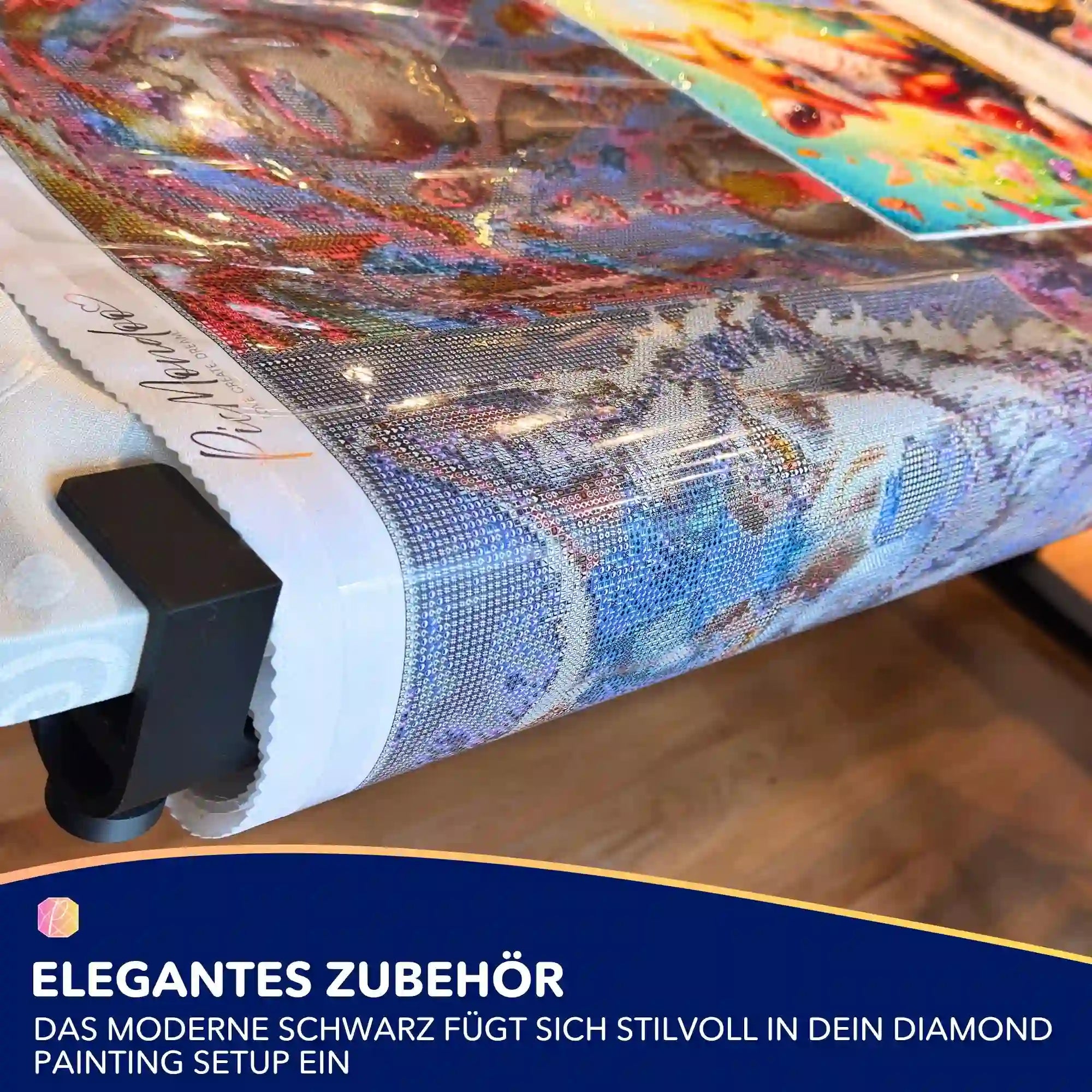 Schwarze Tischklemme fixiert aufgerollte Diamond Painting Leinwand für ein ordentliches 5D Diamanten Painting Arbeitsergebnis
