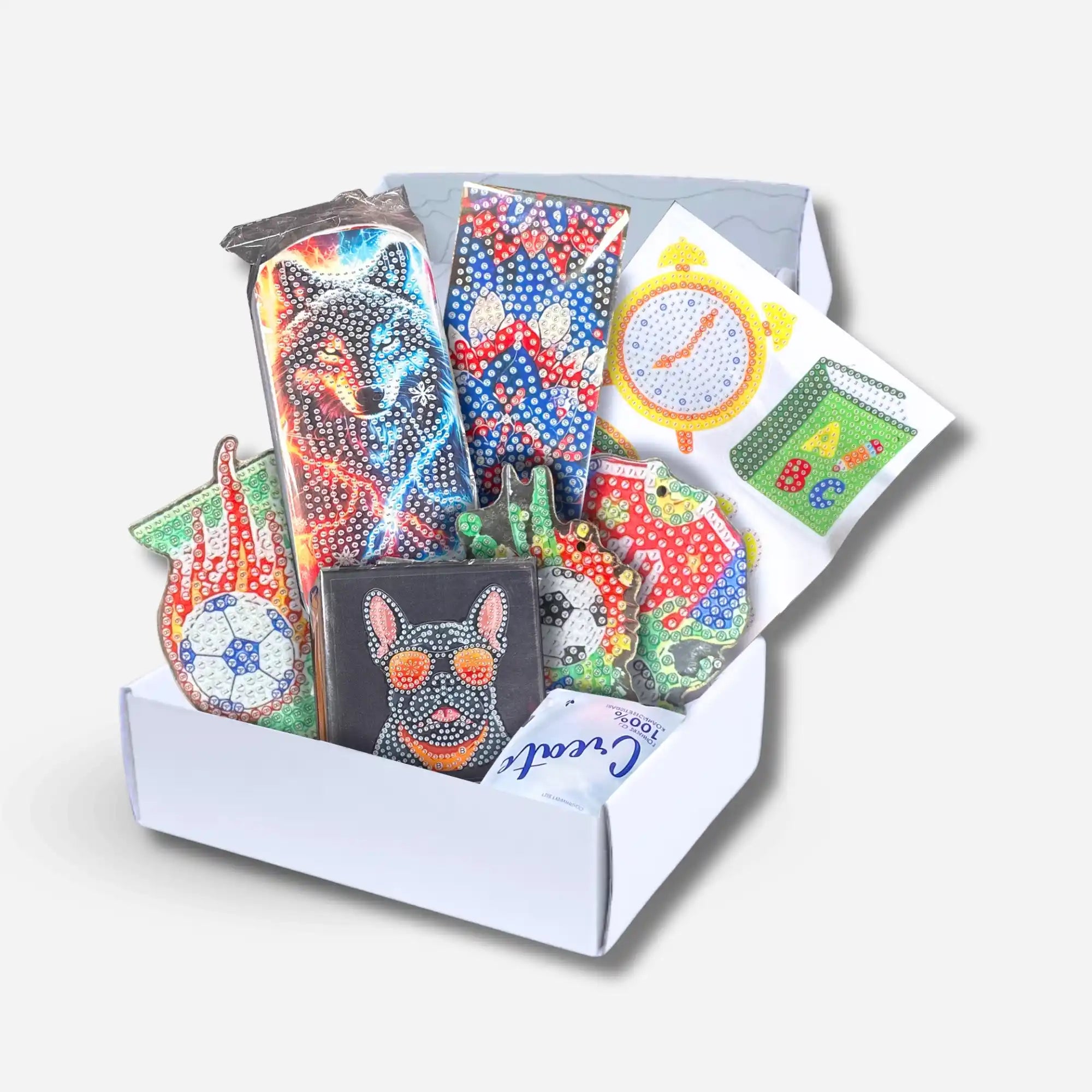 Diamond Painting Schul-Set für Jungen mit bunten Glitzer-Motiven, Stickern und kreativem Bastelzubehör in einer Geschenkbox