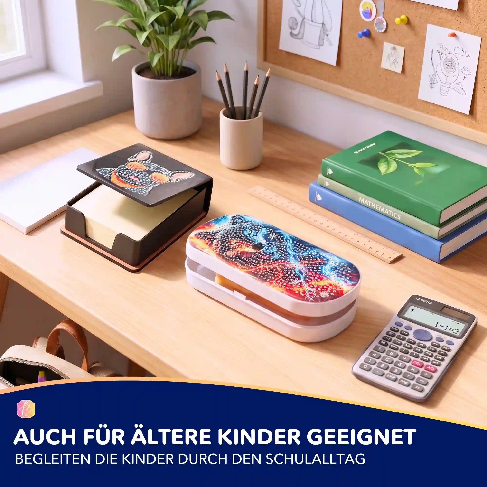 Diamond Painting Schul-Set für Jungen mit verzierten Stifteboxen und Notizzettelhalter auf einem Schreibtisch