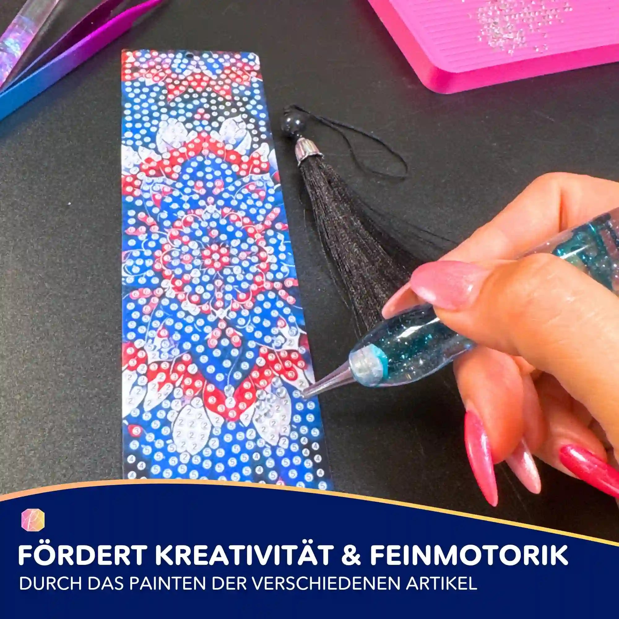 Diamond Painting Lesezeichen aus der Schul-Box mit Set-Zubehör, Stift und Glitzersteinen für kreativen Bastelspaß