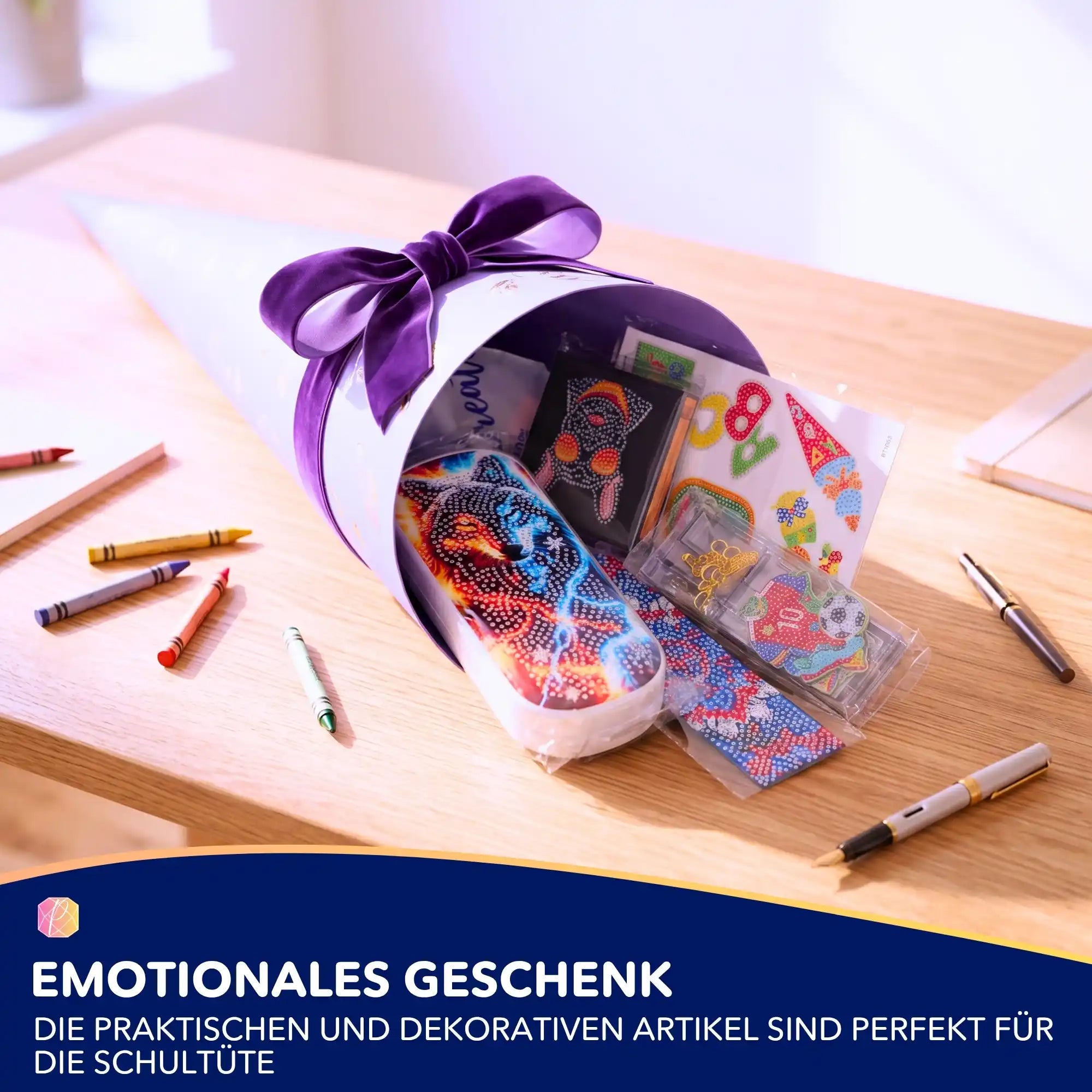 Diamond Painting Schulset für Jungen mit funkelnder Stiftebox, Stickern und Zubehör in einer Schultüte zum Schulstart.
