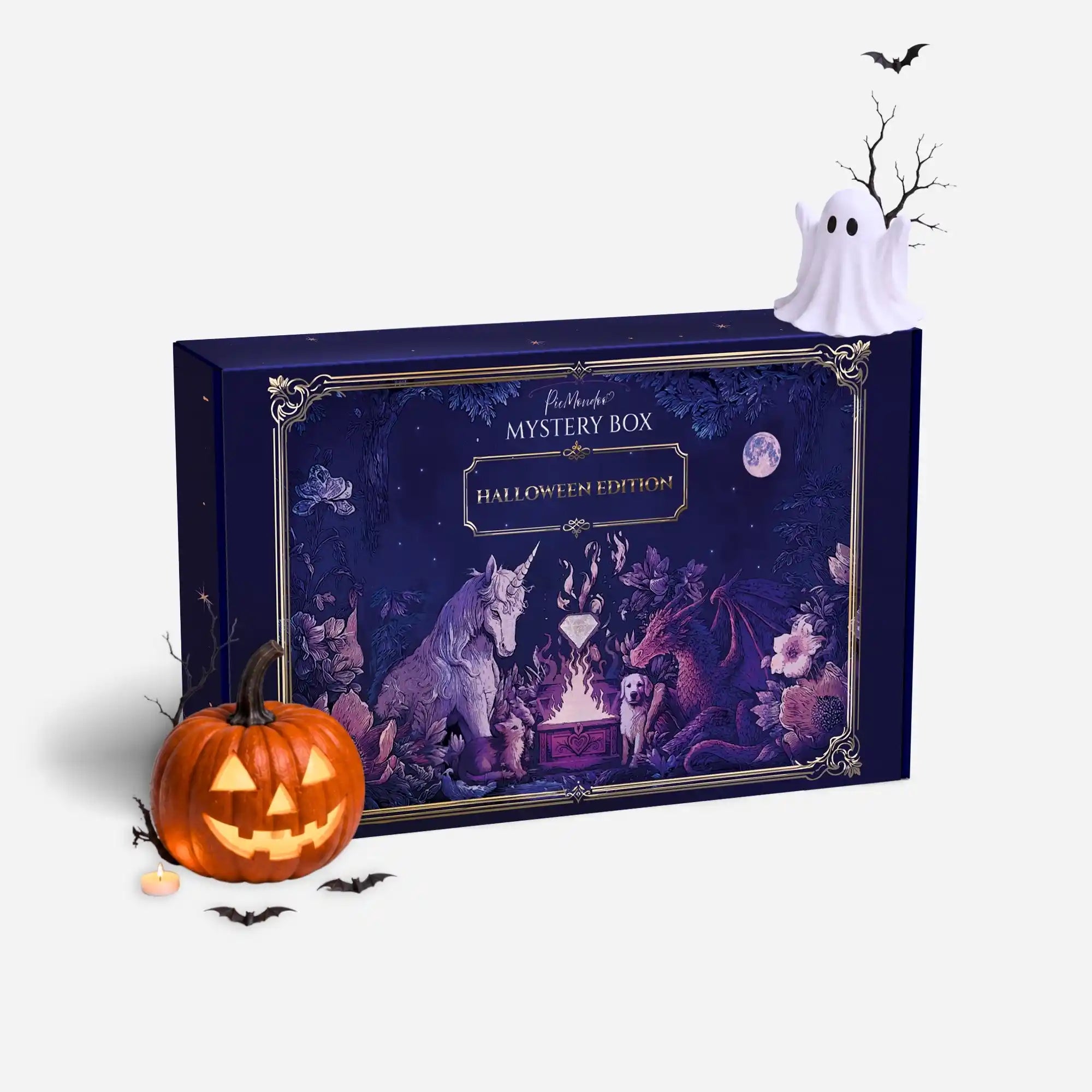 Picmondoo Diamond Painting Mystery Box Halloween Edition mit Kürbis, Geist und magischem Einhorn-Drachen-Motiv