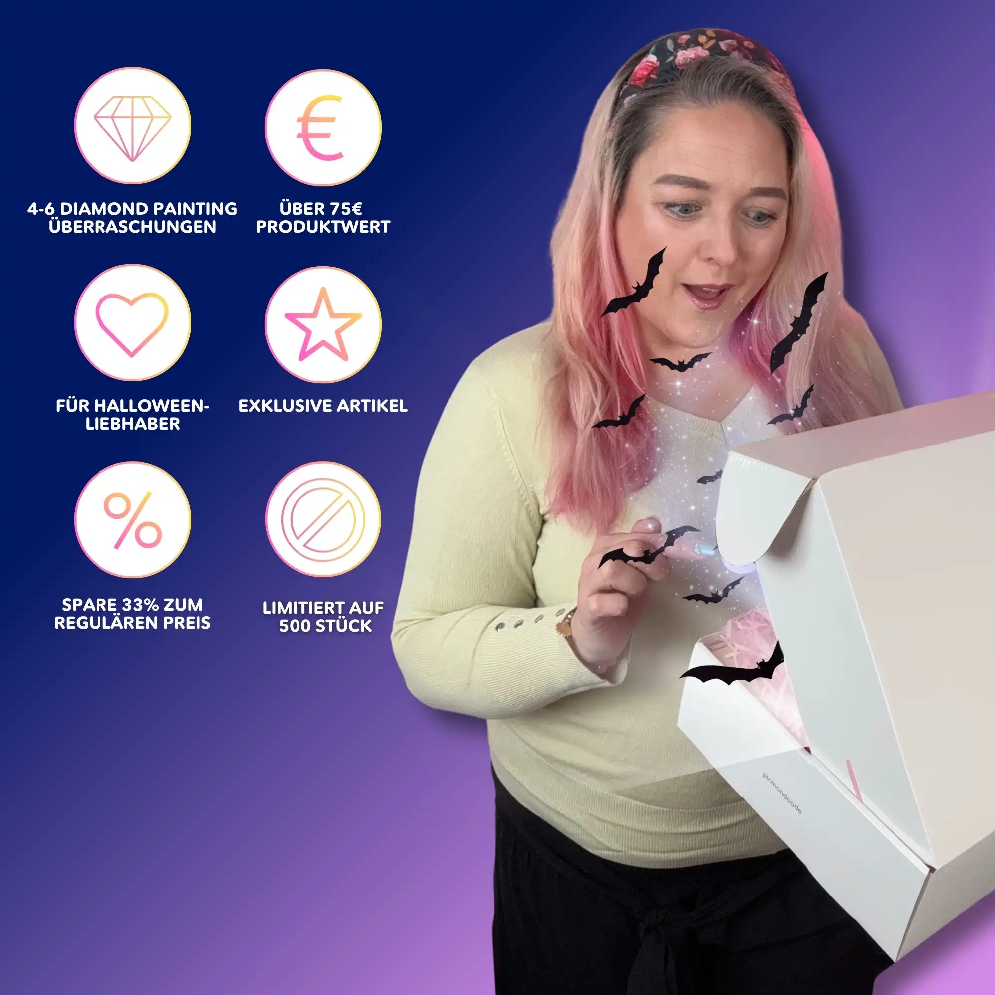 Frau öffnet limitierte Halloween Diamond Painting Mystery Box mit exklusiven Bastelset-Überraschungen für kreative Fans.
