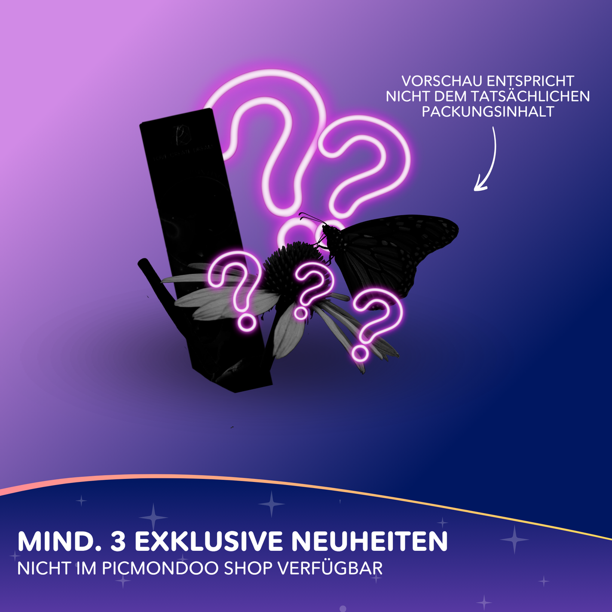 Diamond Painting Mystery-Box Butterfly Edition mit Schmetterling Motiv und leuchtenden Neon-Fragezeichen auf Lila Hintergrund