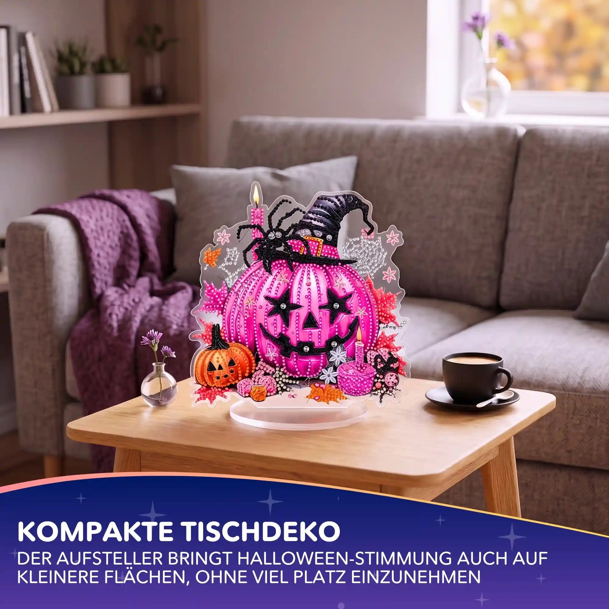 Diamond Painting Aufsteller als pinker Halloween-Kürbis mit Glitzersteinen als moderne Tischdekoration für zu Hause